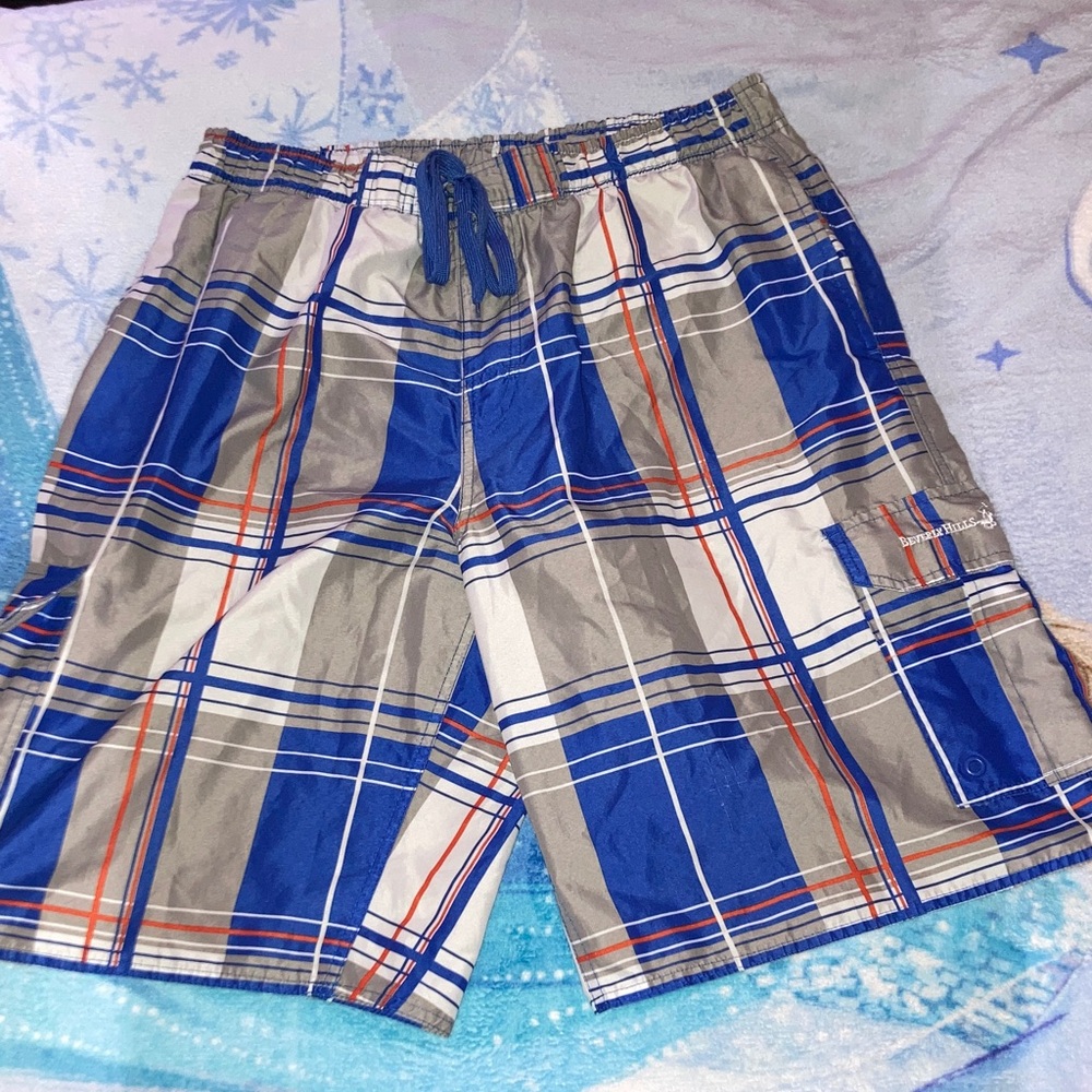 Beverly Hills Polo Club Blue and Gray Plaid Swim Shorts